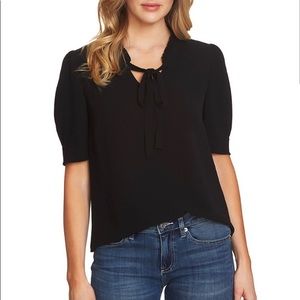 CeCe ruffle tie neck blouse, short puffed sleeve